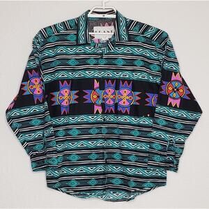 Vintage FRANK Mens Shirt Small Multicolor Aztec Collared 100% Cotton Button Down